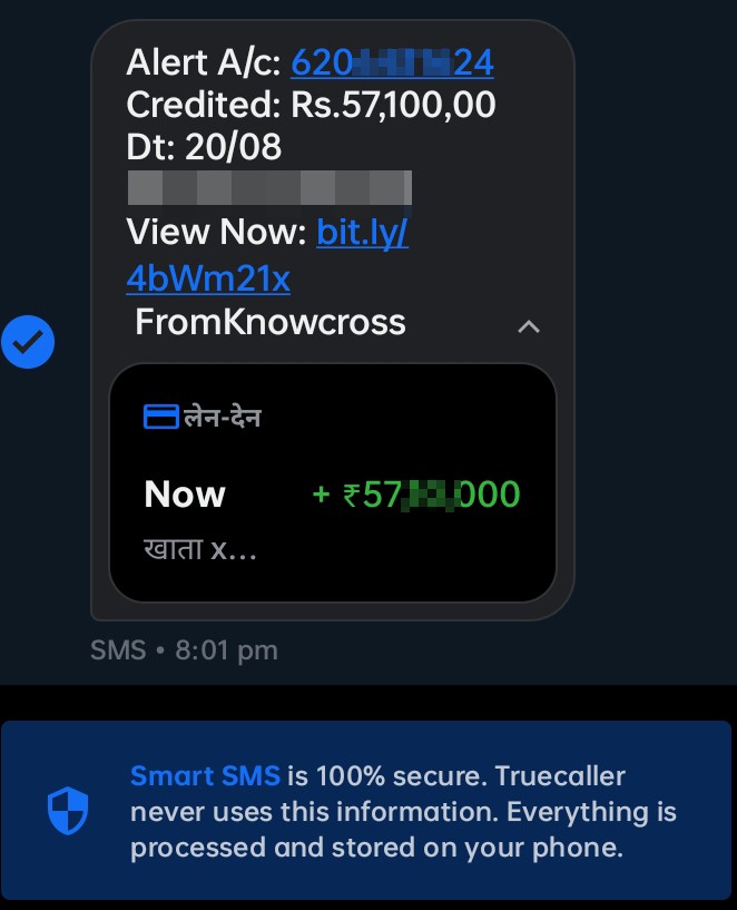 Credited: Rs.57,100,00
Dt: 20/08
Bal: Rs.75,093,50
View Now: bit.ly/4bWm21x
 FromKnowcross