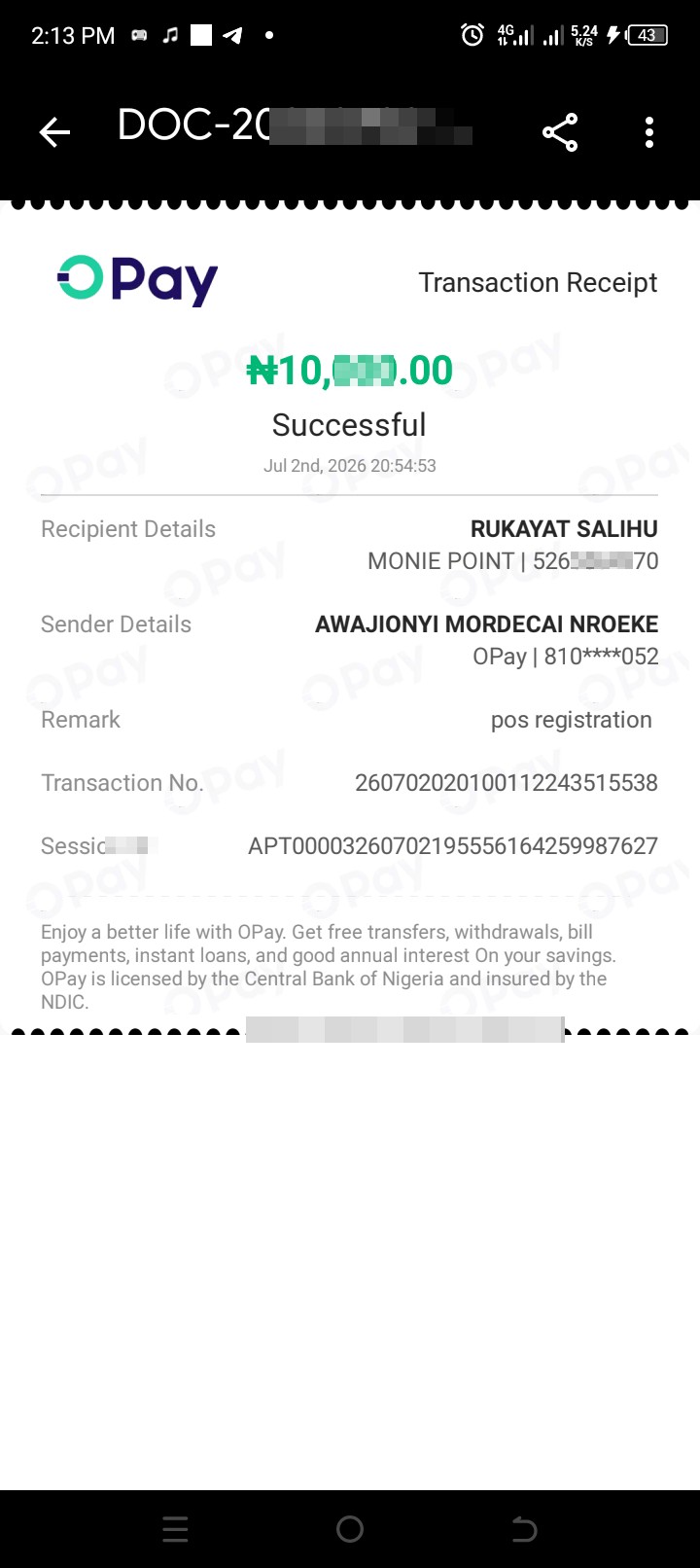 I was scammed by someone with fake ID Mr Timothy Babatonde opay aggregator agent 