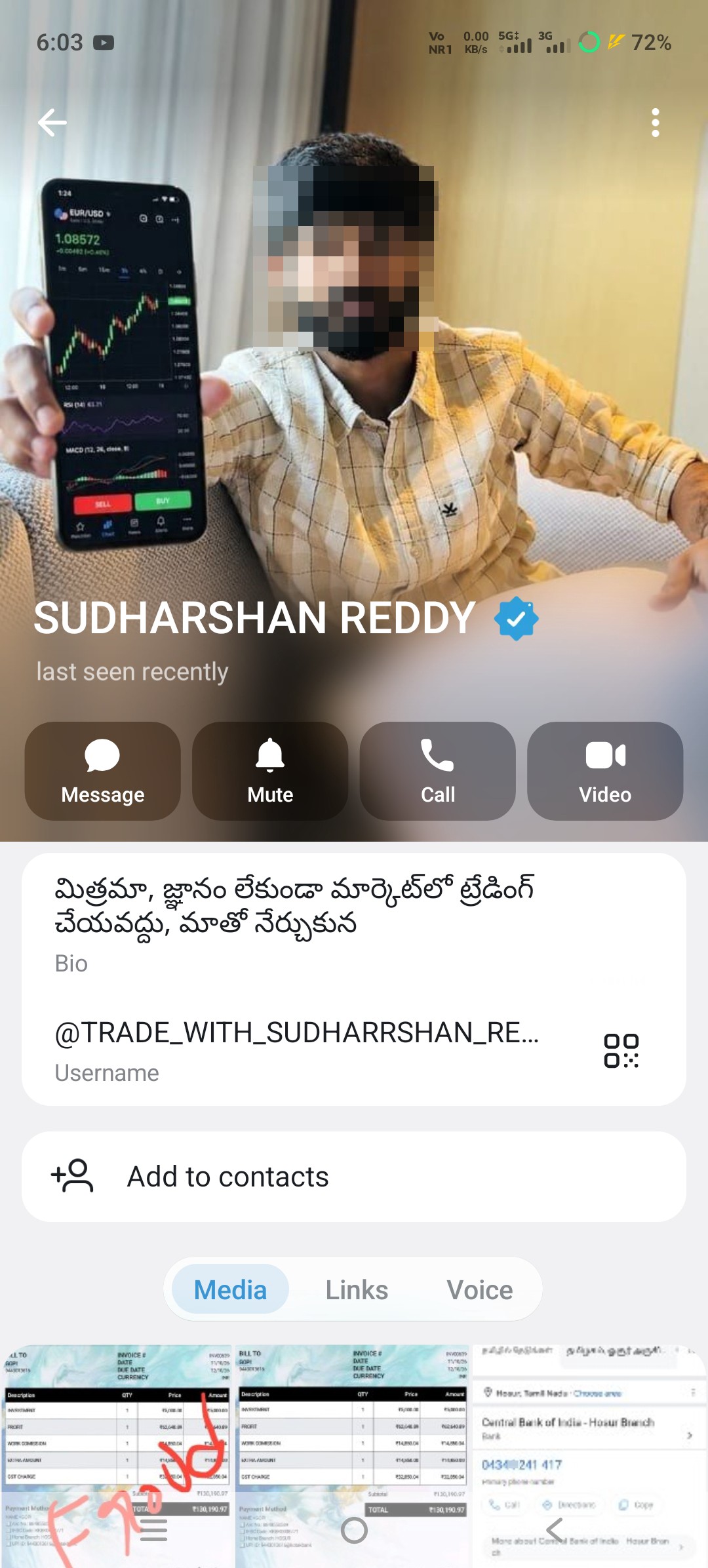 scammer froud 35k sudharsan reddy trade telegram account 