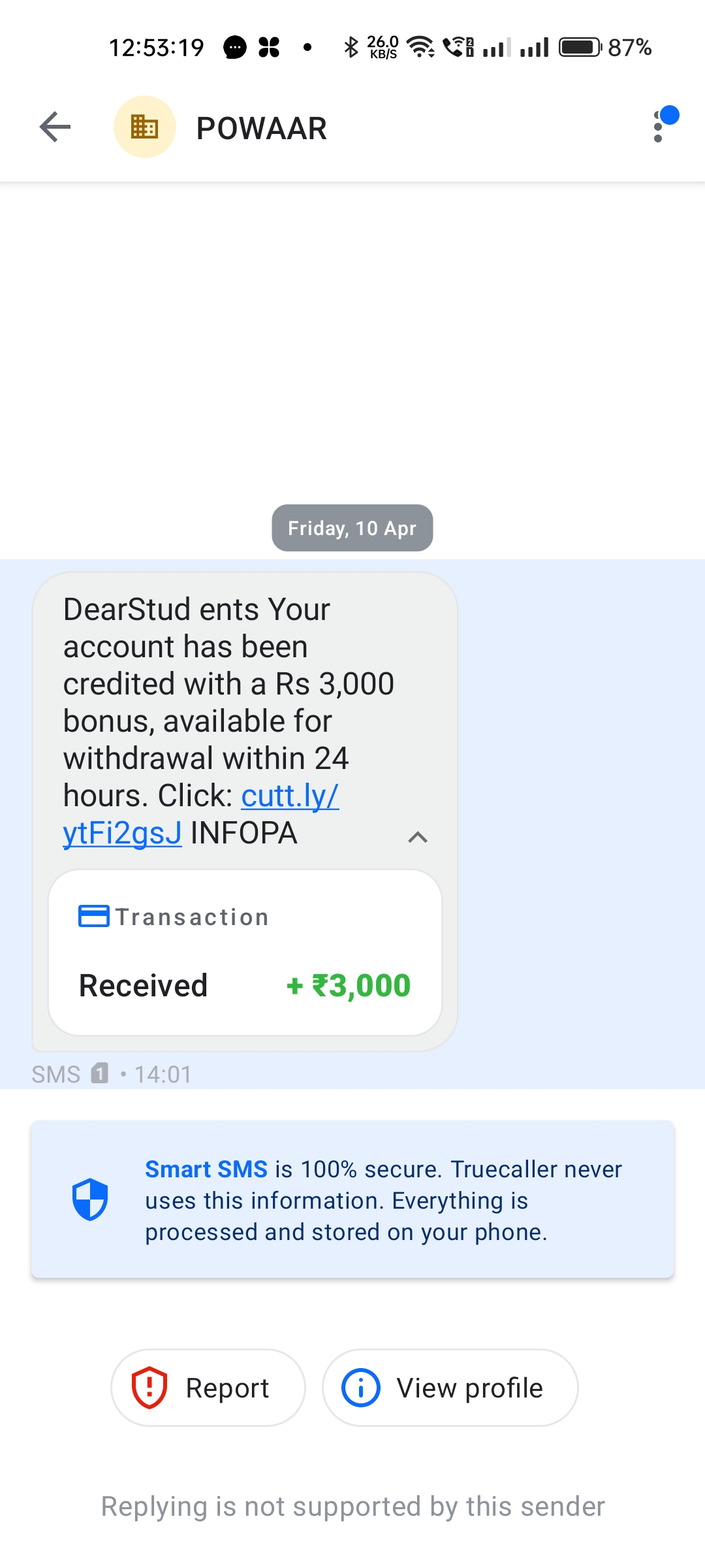 Is this text message about a ₹3,000 bonus a scam?