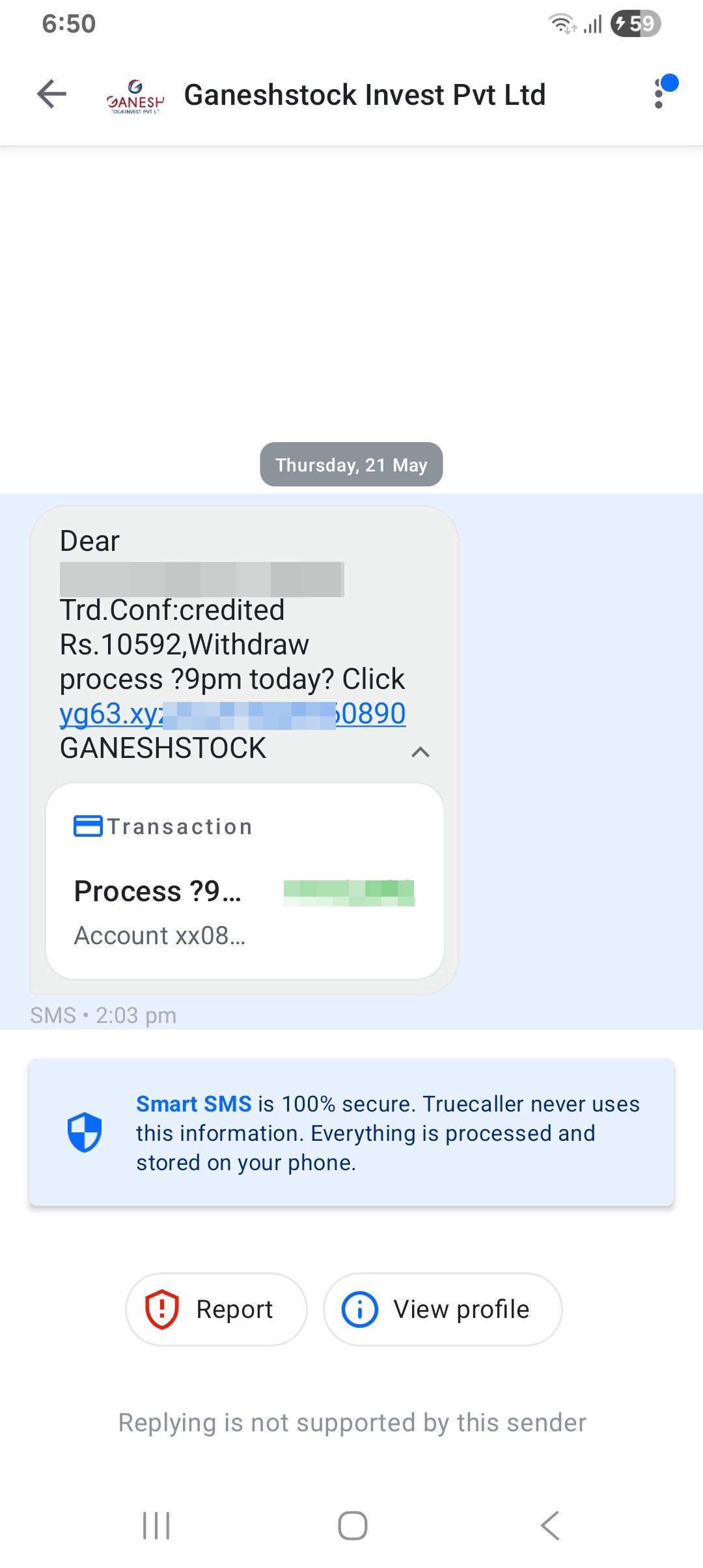 Fake ₹10,592 Credit Scam SMS by Fraud 'Ganeshstock Invest'