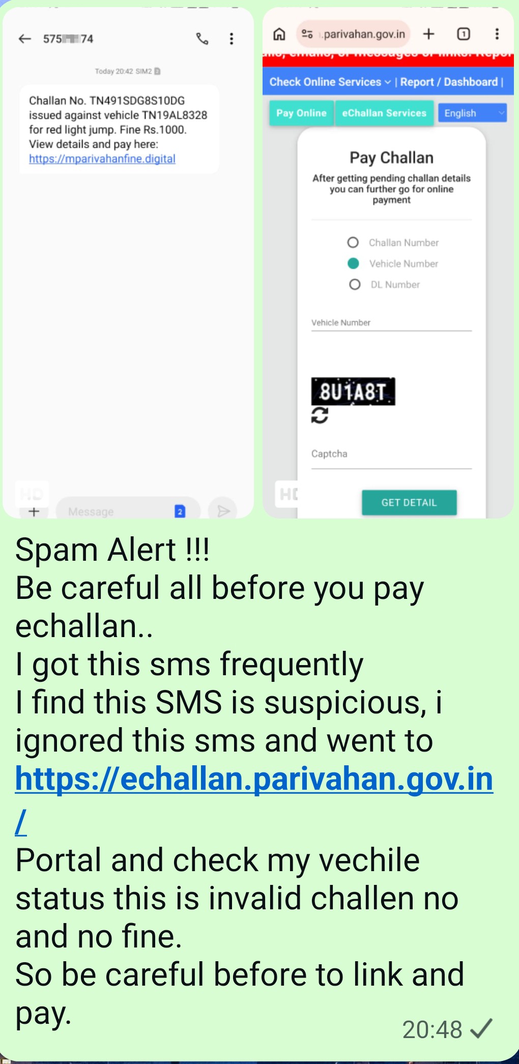 Suspicious SMS about fake e-challan payment request