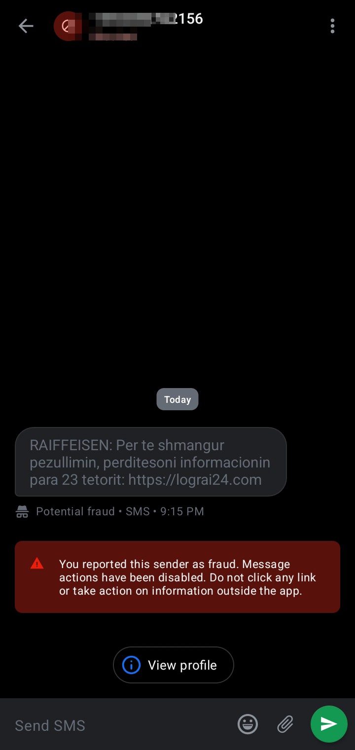 Raiffeisen Bank account suspension SMS scam