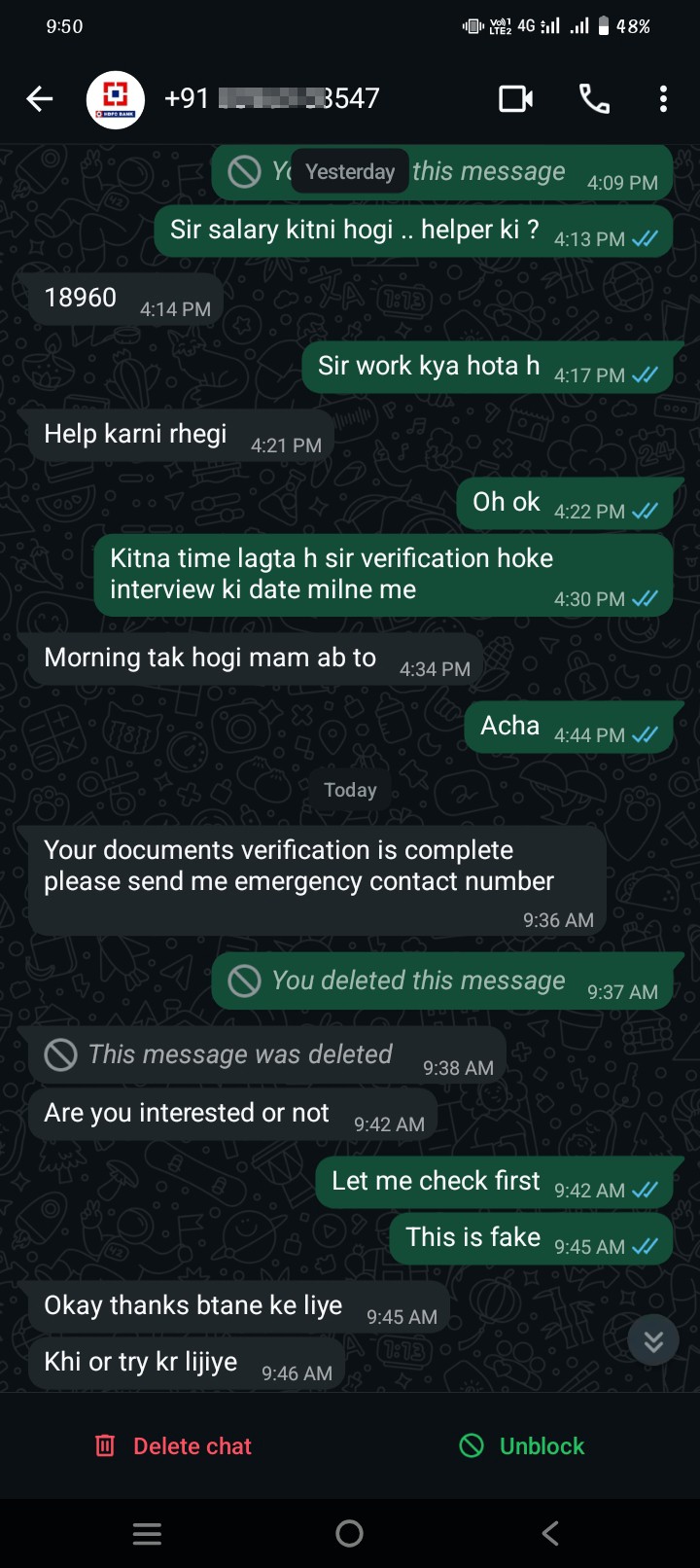 this number offers to give job in hdfc bank 