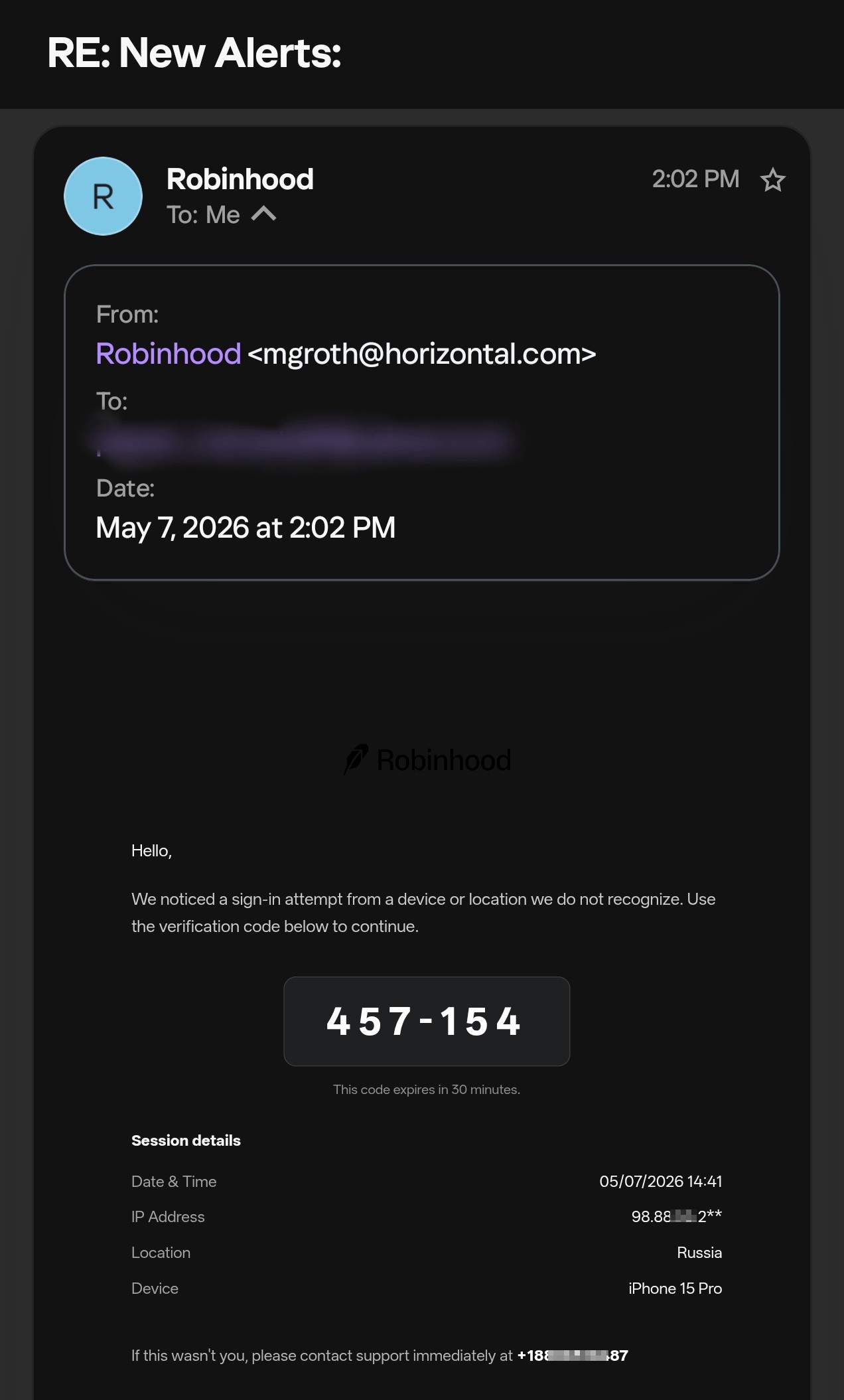 Robinhood Fake Login Attempt Email