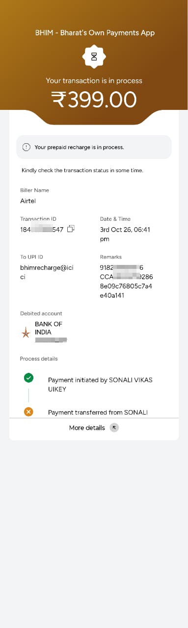 Amount debited but recharge not received 
