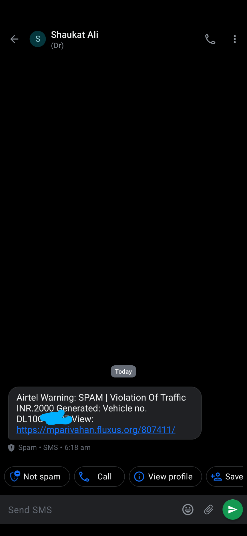 SMS Recieved for Vehicle Challan 