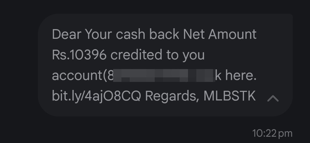 Dear Yourcashback NetAmount Rs.10396 credited to you account86488click here. bit.ly/4ajO8CQ Regards,