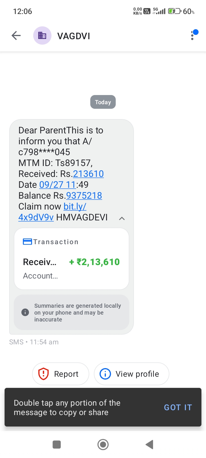 Fake SMS scam regarding fake bank