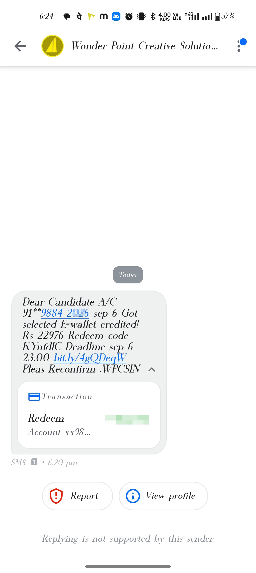 Fake e-wallet credit SMS with suspicious link to reconfirm