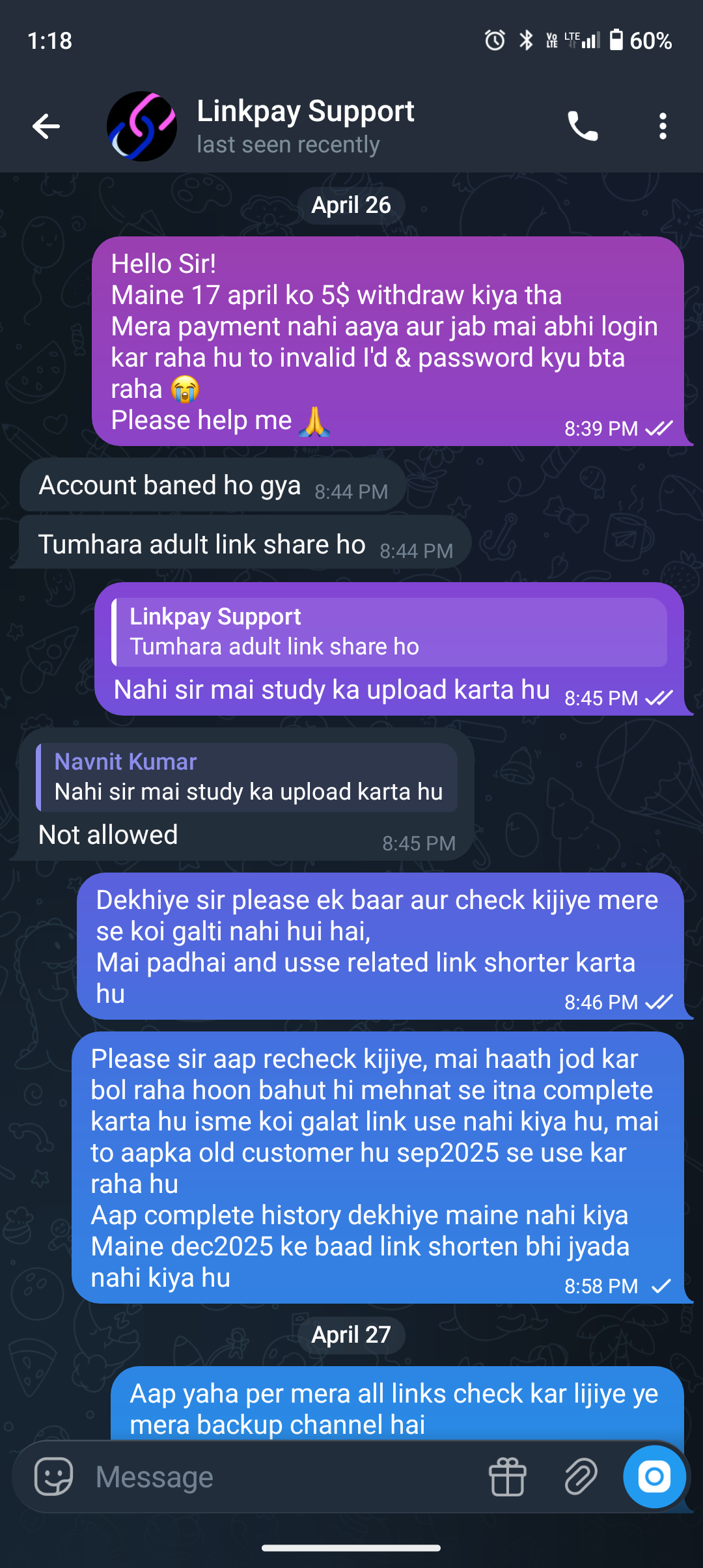 I got scammed of $5 by Linkpays shortener and I'd got banned 😭