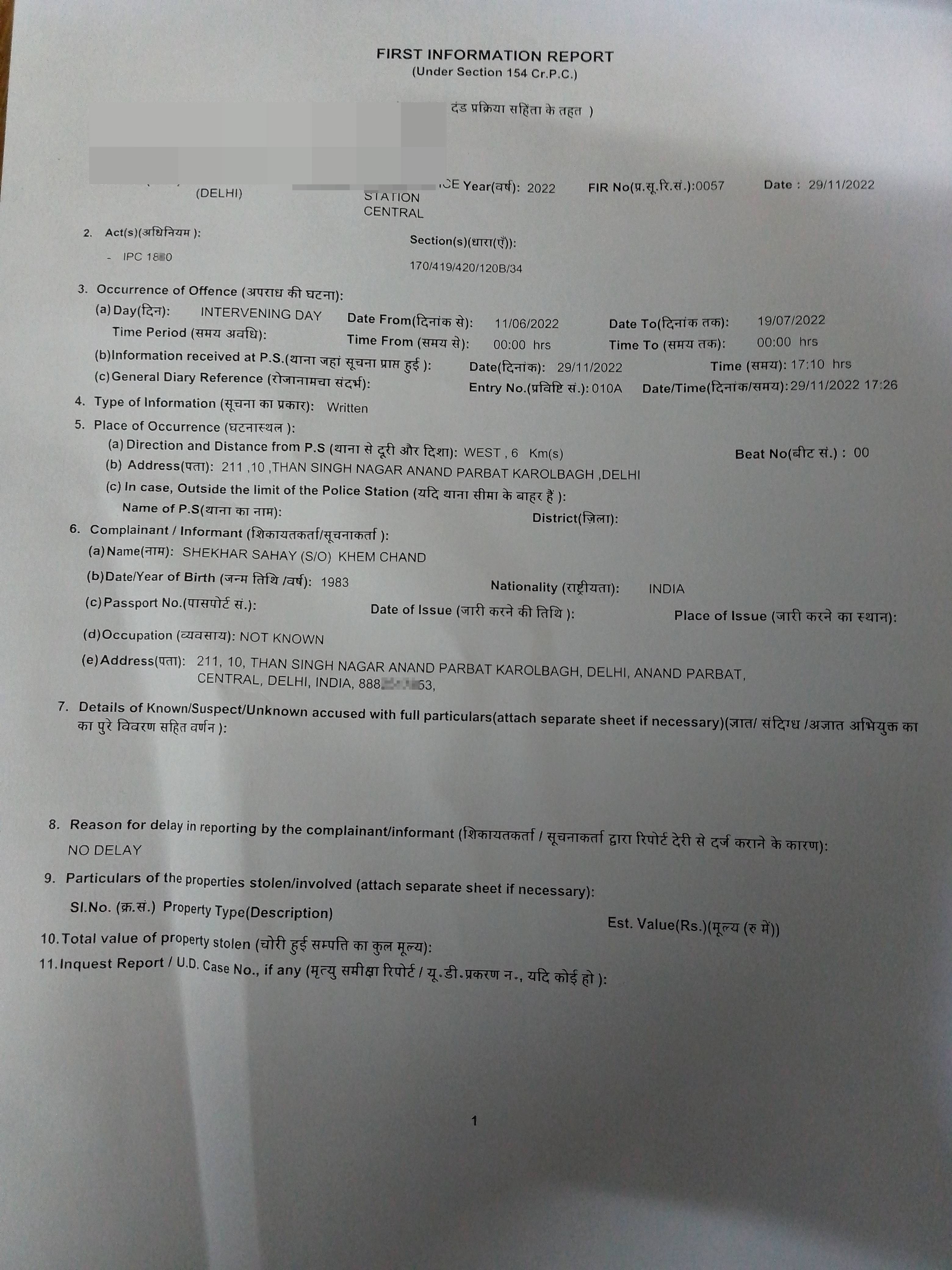 financial fraud amount Rs. 315400/-  and FIR  is [PHONE]/2022, Cyber Police station, kamla Market..