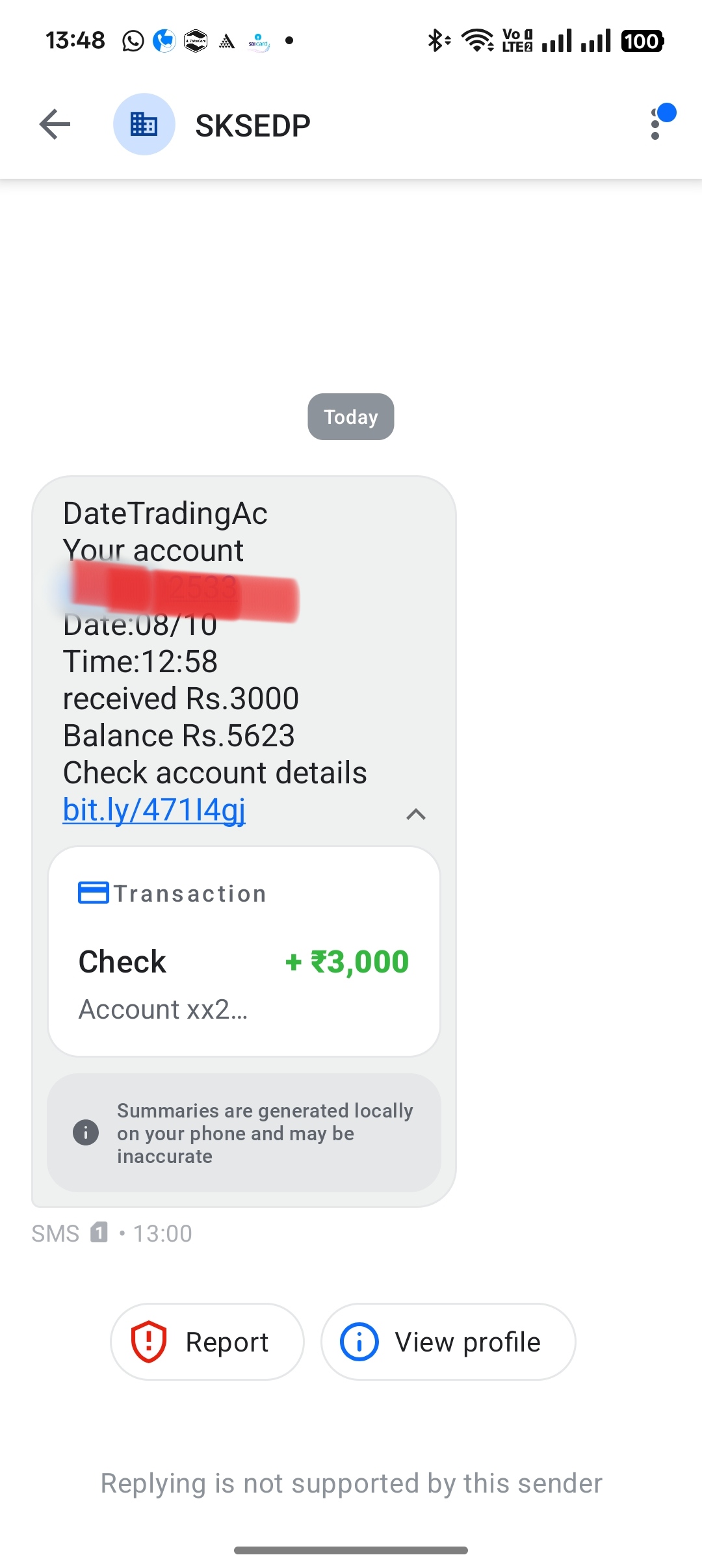 Suspicious Fake Bank Transaction SMS with Phishing Link