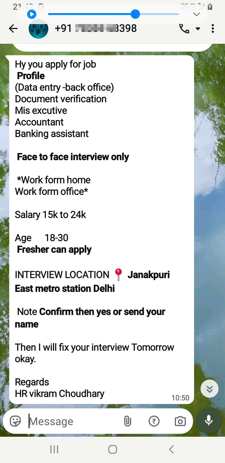 Fakeand fraud job scam via whatsapp