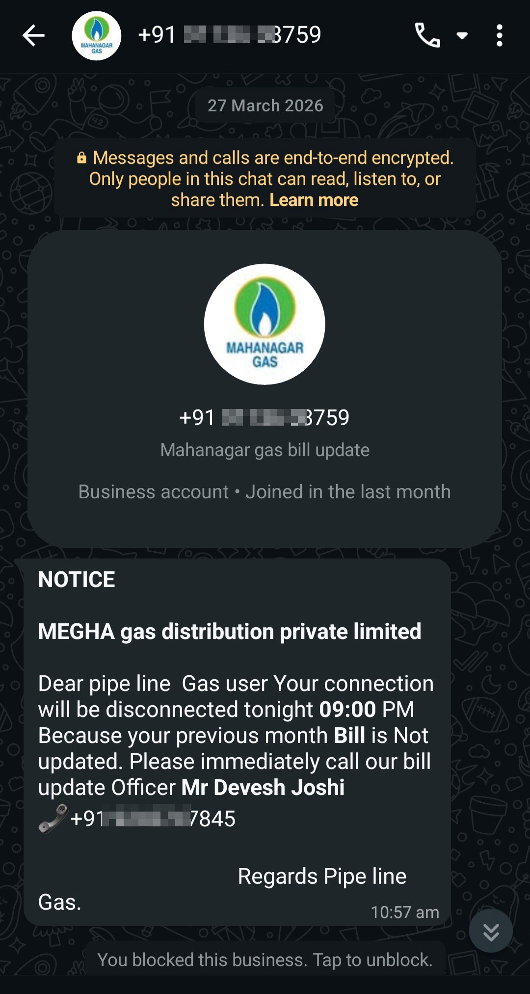 Gas disconnection scam bill not paid