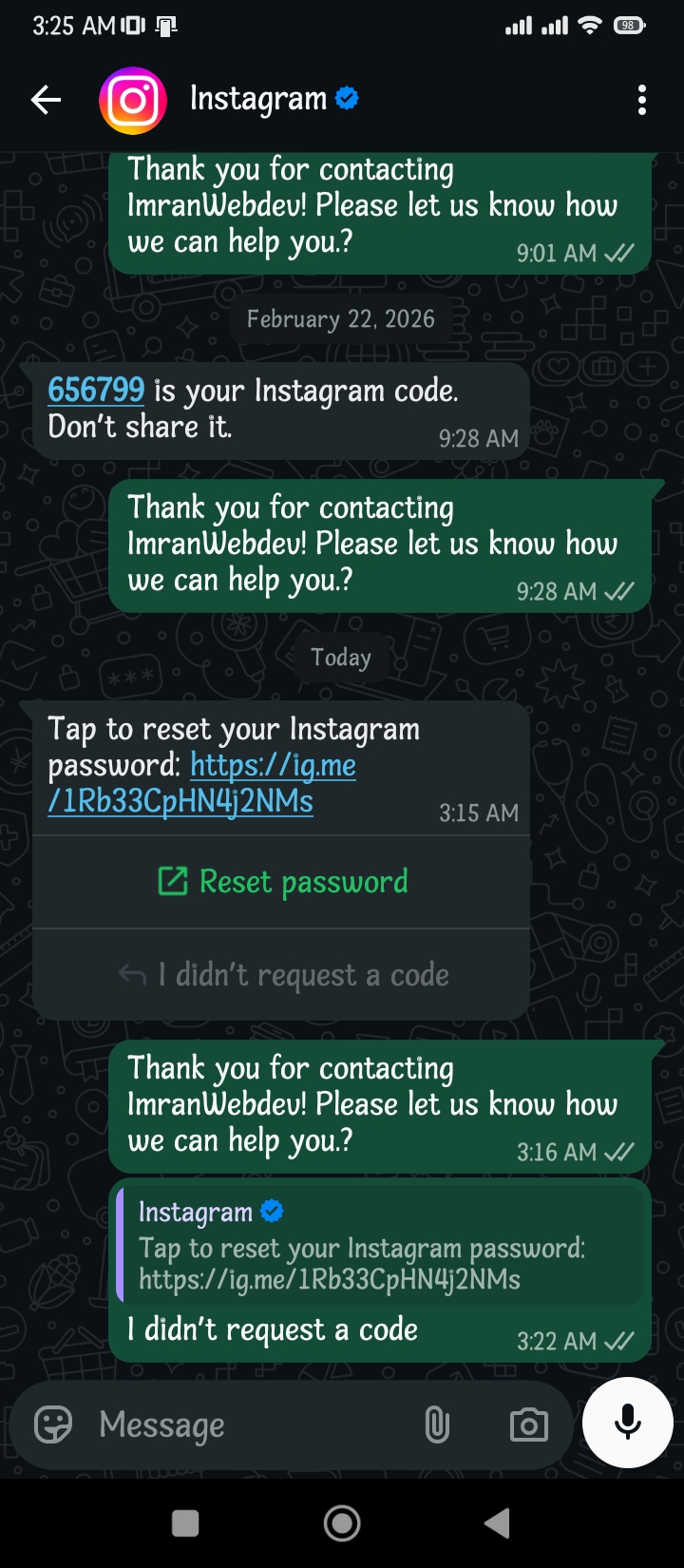Fack Instagram official message in WhatsApp 