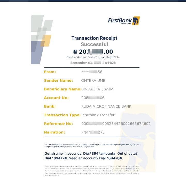 Receipt of payment sent to my sister for investment 