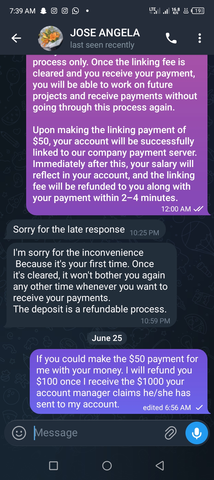 You do the job but when it's time for payment, they ask for $50 to link up your account first🙄