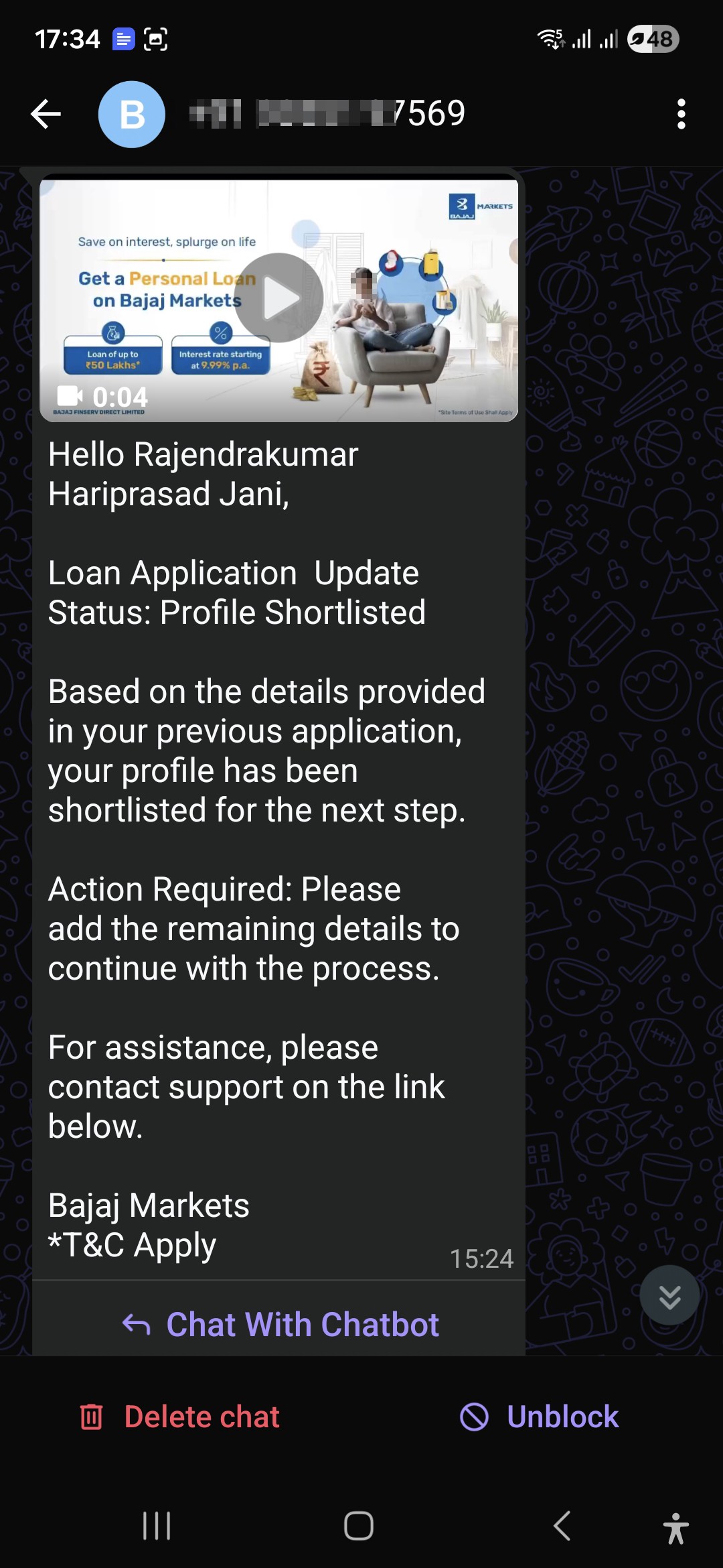 WhatsUp message for loan approval from Bajaj