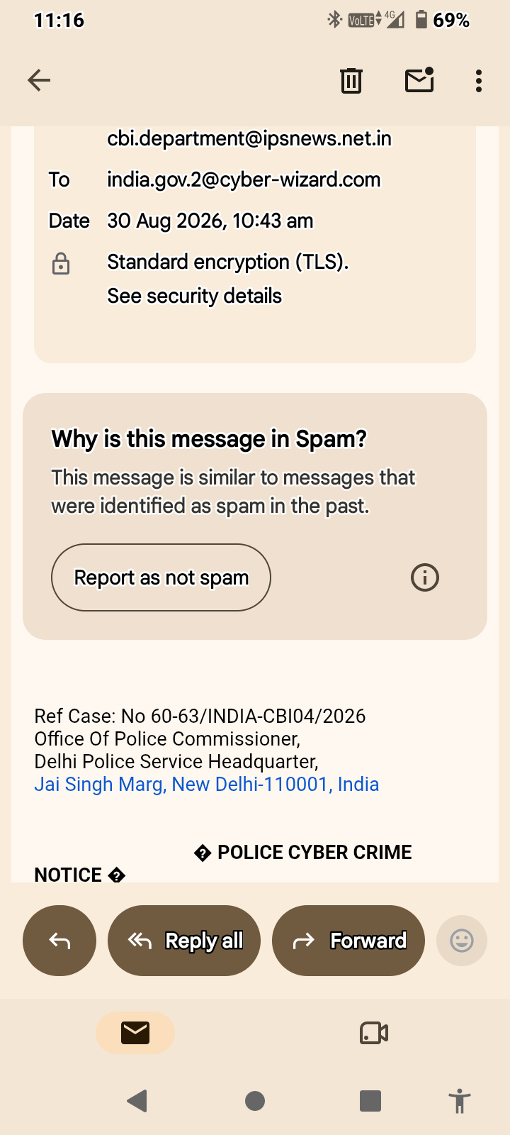 Scam mail from fake cyber cell delhi