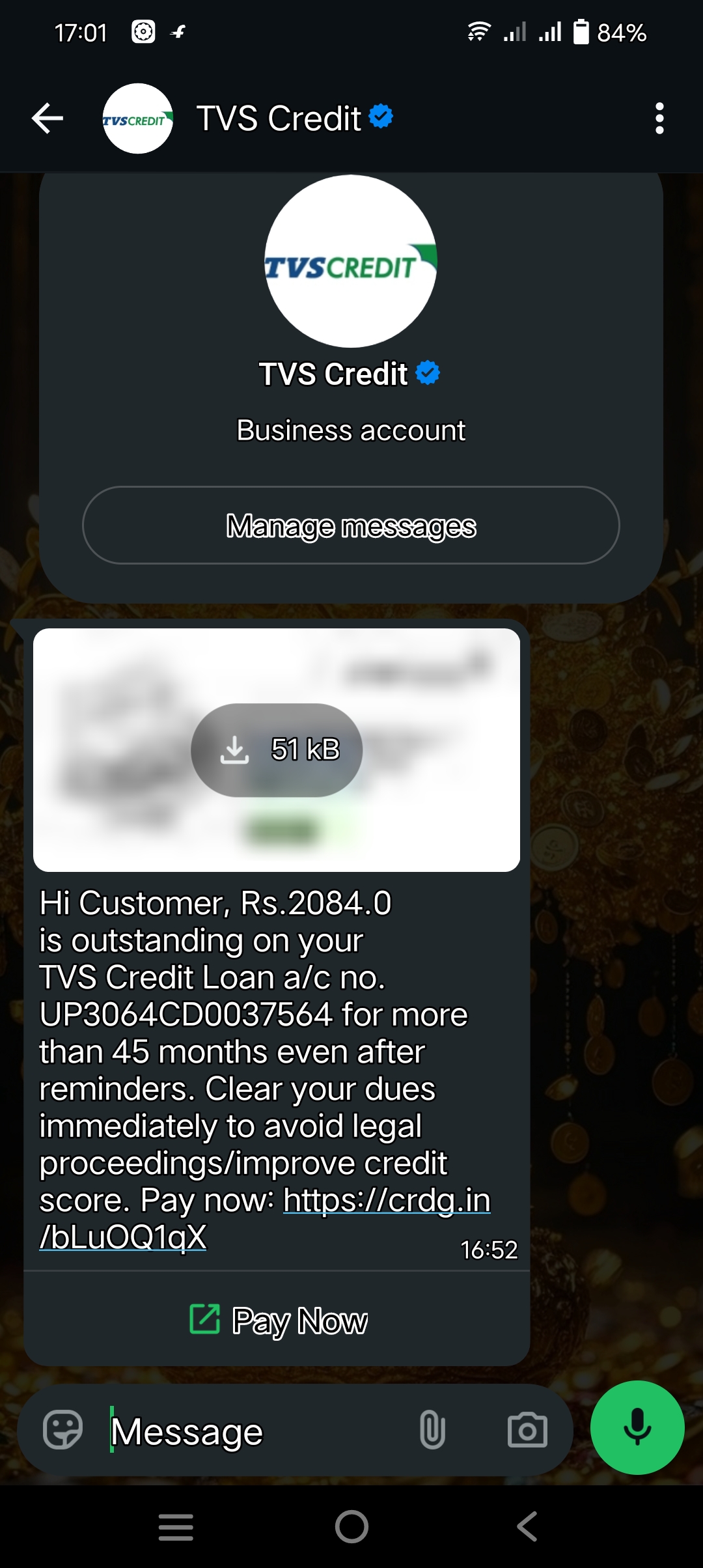 tvs credit loan clear Froud Payment massage 