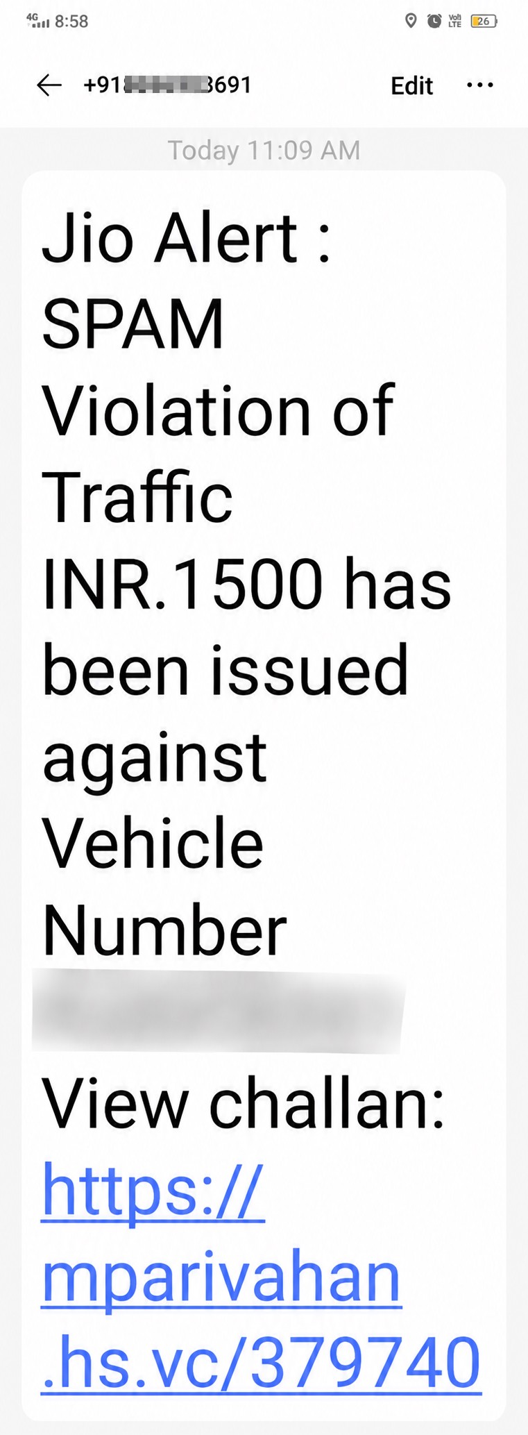 Potential Scam Alert: Fake Traffic Challan SMS