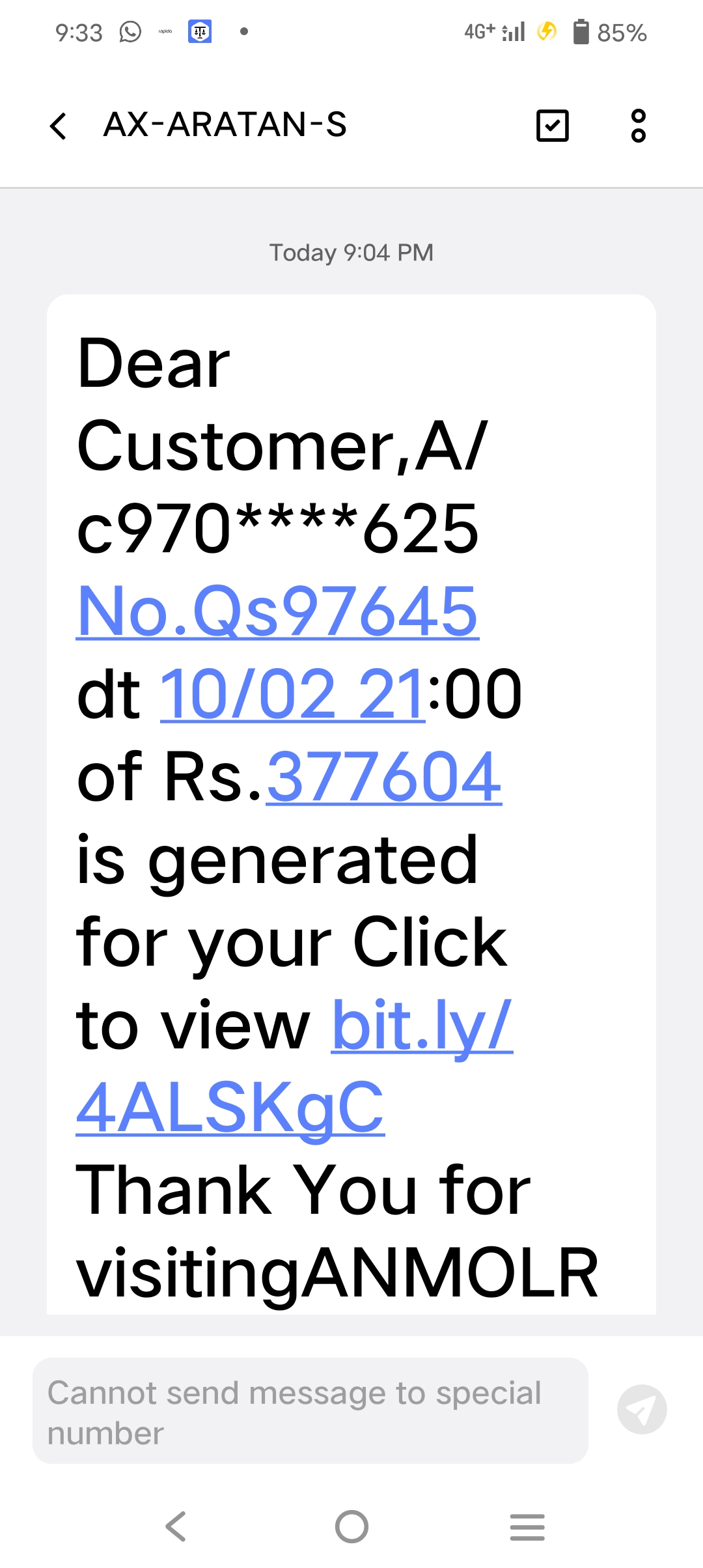  cridit the money to A/C [PHONE]  fraud SMS came 
