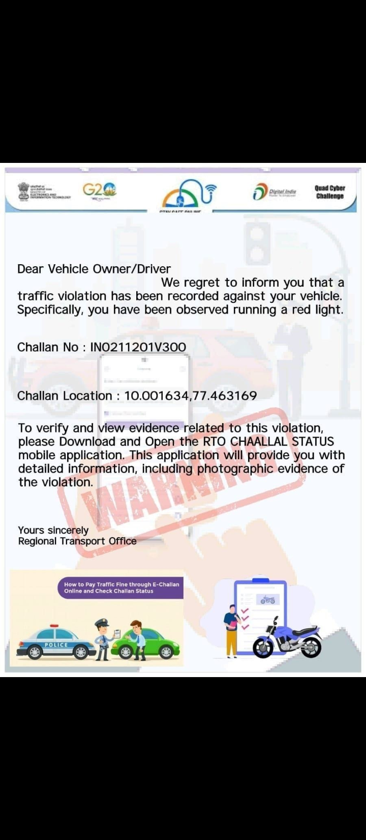 Fake challan on WhatsApp, wrong state shown
