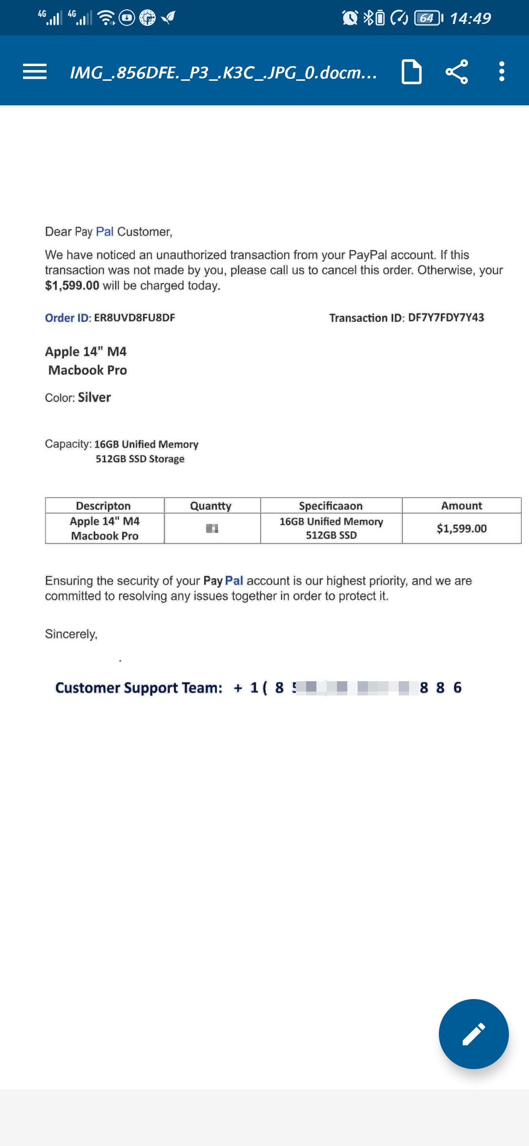 paypal scam email