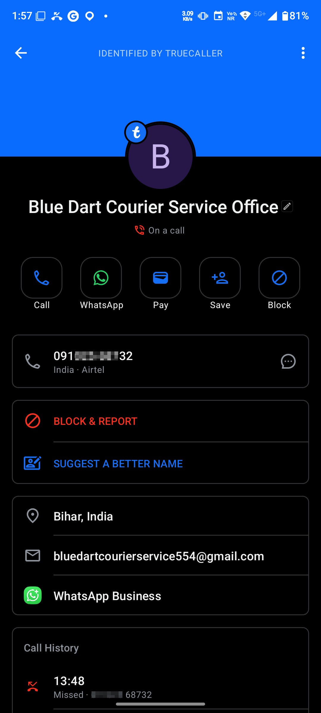 scammer Call for a parcel delivery and ask you to call in another no *12*7369[PHONE]#