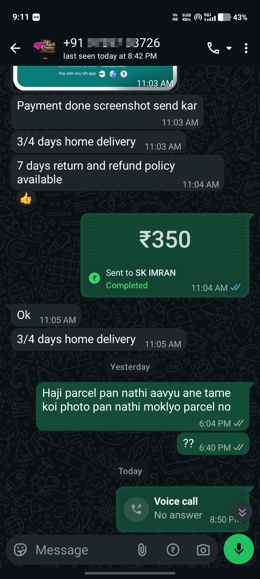 Scam of placing an order from Instagram, paid 350 but received no response
