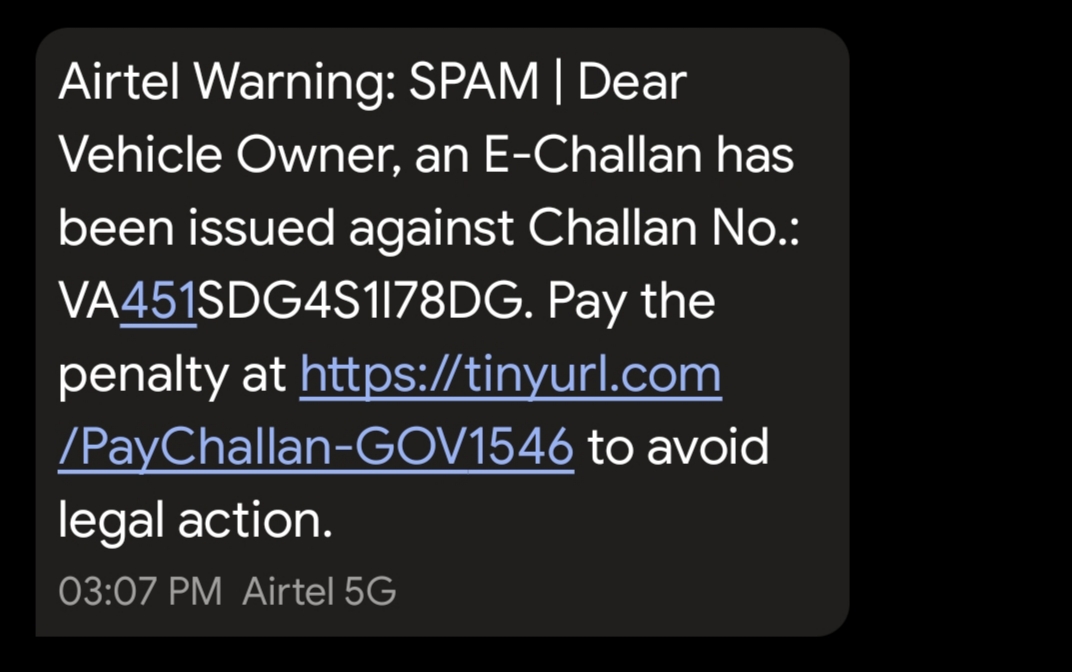 E challan scam received sms from mobile number by scammer