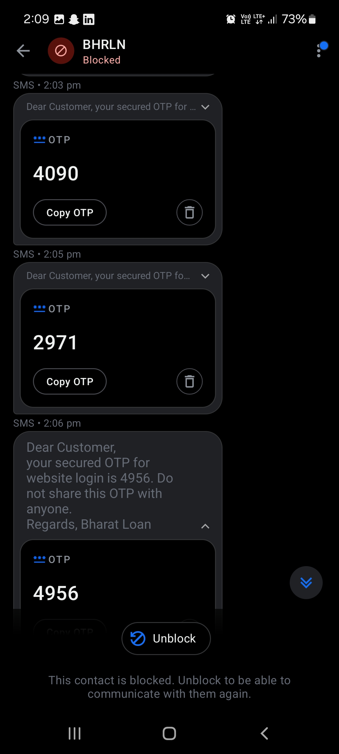 Continuous Otp messages received since 2 days.