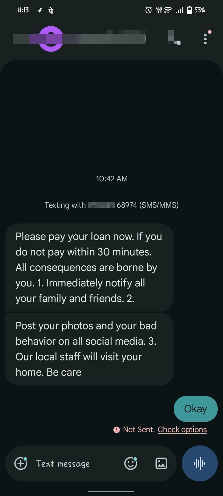 Loan recovery threats via SMS from unknown numbers