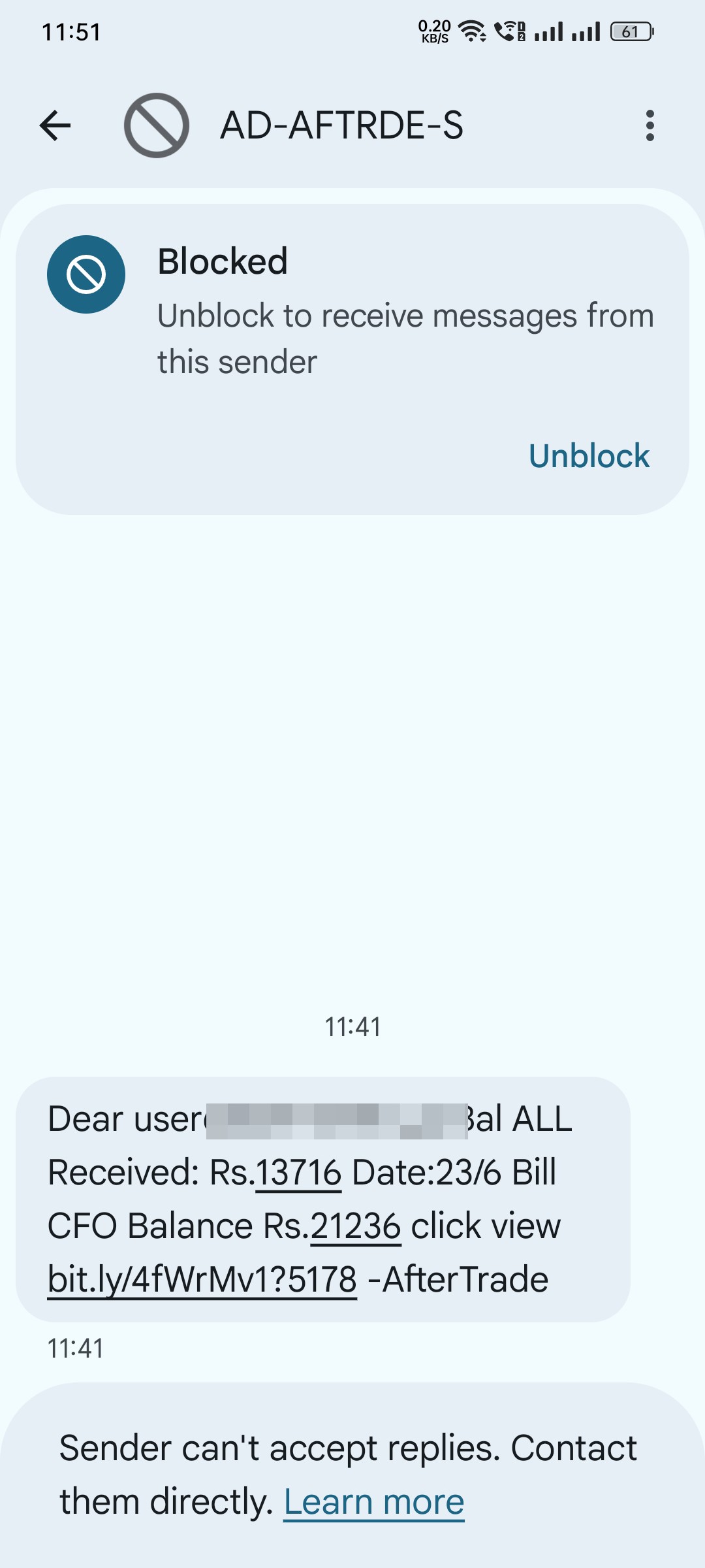Scam message from aftertrade