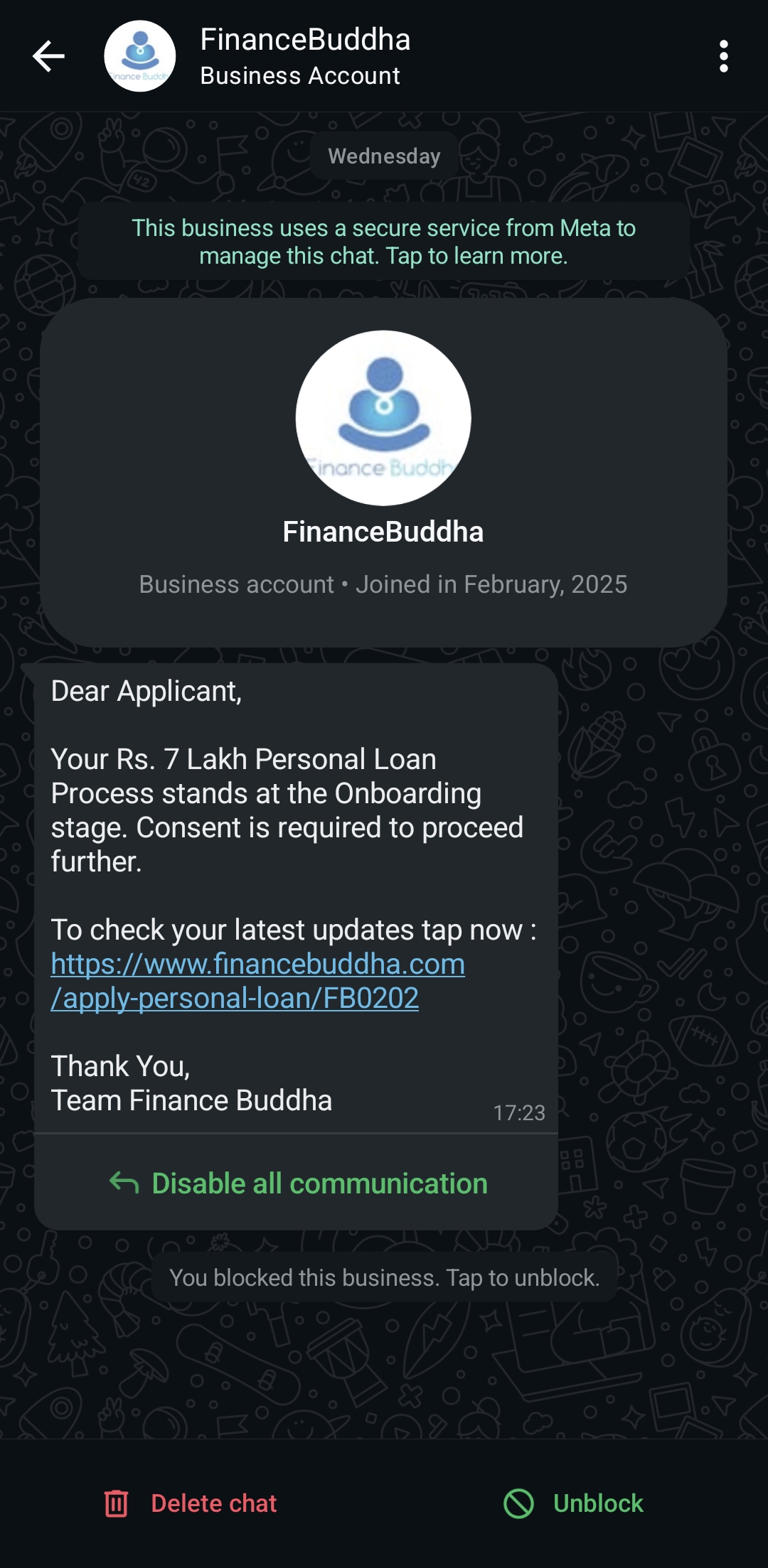 Finance Buddha WhatsApp Spam Message 