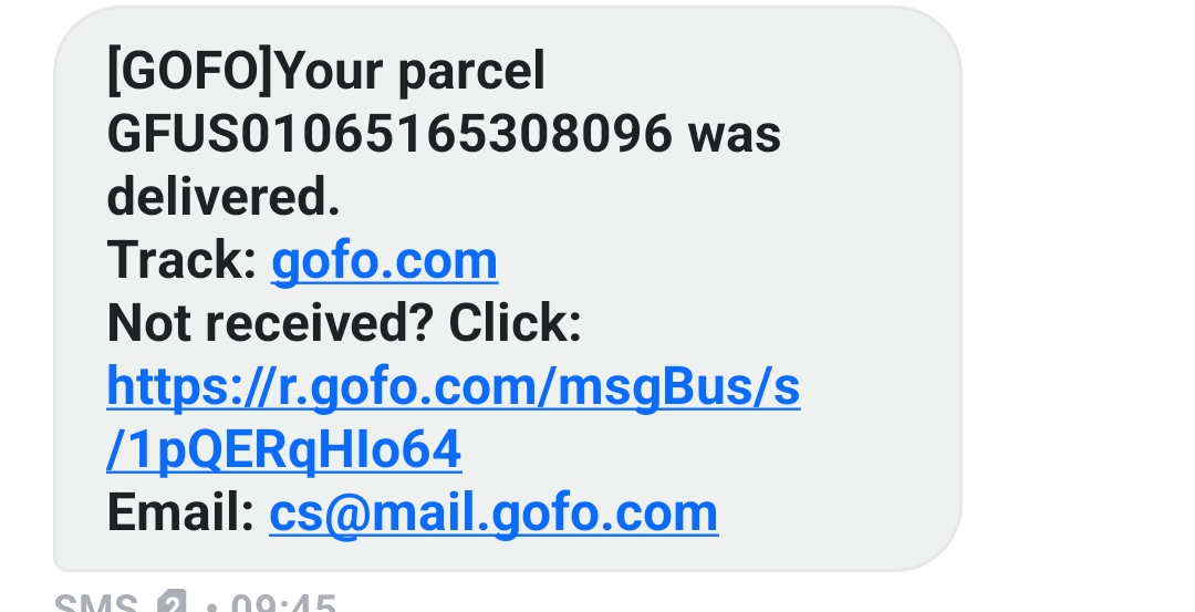 Phishing text about a delivered package from fake "gofo" shipping