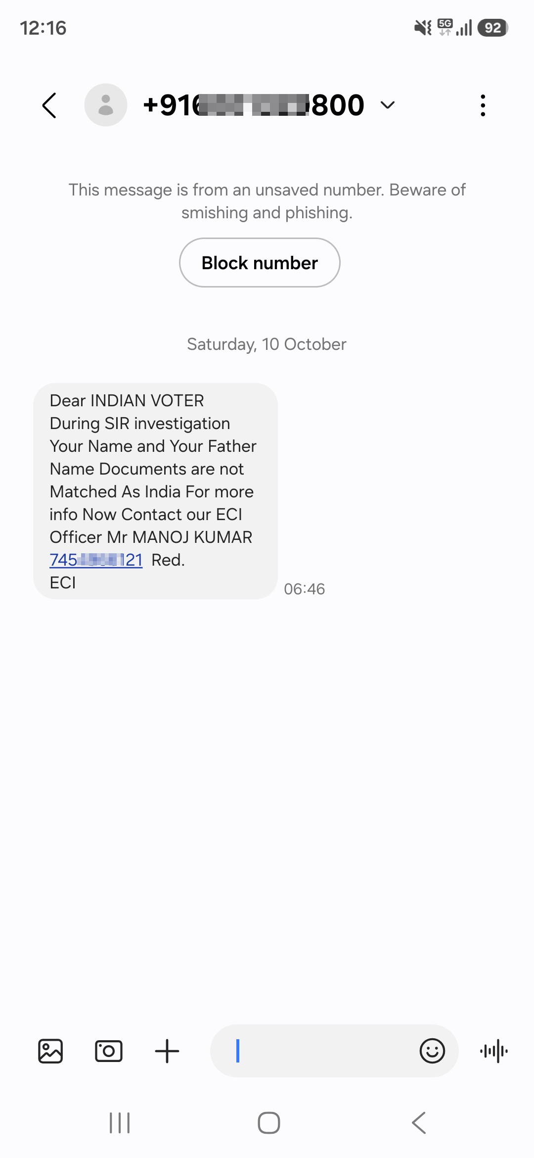 [PHONE] BE CAREFUL OF THIS NUMBER posing as ECI OFFICIAL CHOR ALERT BE VERY CAREFUL.